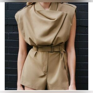 Zara Khaki Tan Sleeveless Draped Jumpsuit Romper